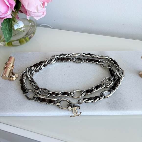 Chanel Vintage 96P Dark Metal & Brown Chain Link Leather Belt - Picture 5 of 9